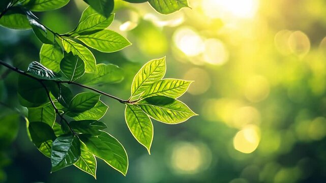 Green leaves on a branch with sunlight through trees. Nature background movement with bokeh effect for eco concept.