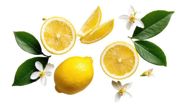 Lemons, slices, white blossoms, green leaves on black