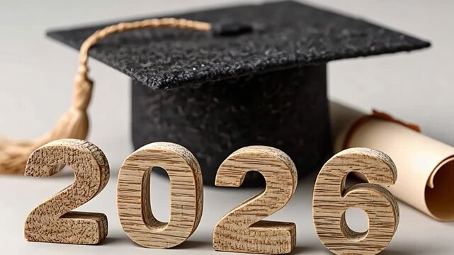 Wooden numbers 2026 and graduation cap near diploma. Higher education celebration. Academic school year end. College university concept.