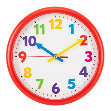 Colorful wall clock with numbers in vibrant hues isolated on transparent background for playful decor