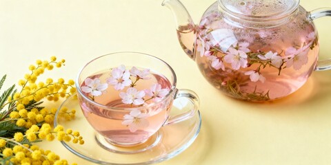 Cherry blossom herbal tea and mimosa decoration