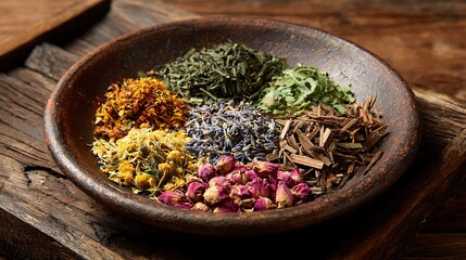 Bowl of Various Dried Medicinal Herbs / 様々な乾燥ハーブが盛られたボウル