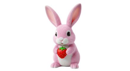 Obraz premium Cute pink bunny holding strawberry isolated on transparent background
