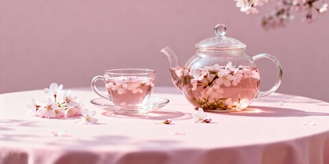 Glass teacup and teapot filled with cherry blossom herbal tea