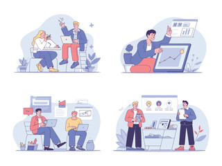 A group of business professionals collaborating and working together in a modern office environment with laptops and graphs