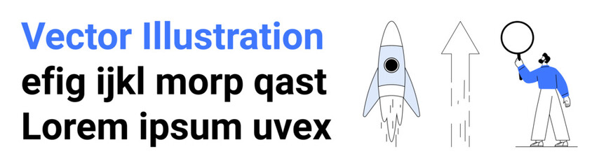 Rocket lifting off alongside upward arrow and individual examining data with magnifying glass. Ideal for innovation, success, business growth, marketing, research, analysis, simple landing page
