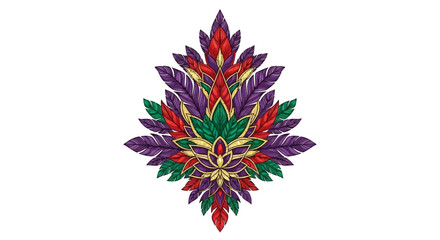 Obraz premium Vibrant vector illustration of a colorful floral pattern, resembling a samba-inspired design, set against a clean white background with a mix of purple, red, green, and yellow hues.