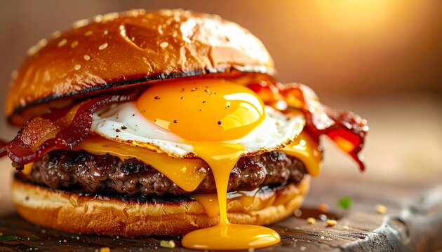 A close-up shot of a juicy burger with a fried egg and bacon on a wooden surface, surrounded by a blurred background.