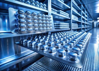 Obraz premium A packet of sterile, medicalgrade blister foil protects sensitive medications in a pharmaceutical facility storage room