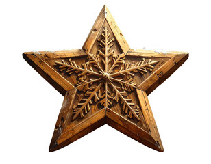 Wooden star ornament with snowflake center and snow, isolated on transparent background