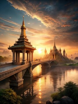 A majestic limestone bridge spans the tranquil Chao Phraya River at dawn, its ancient architecture a testament to Thailands rich cultural heritage