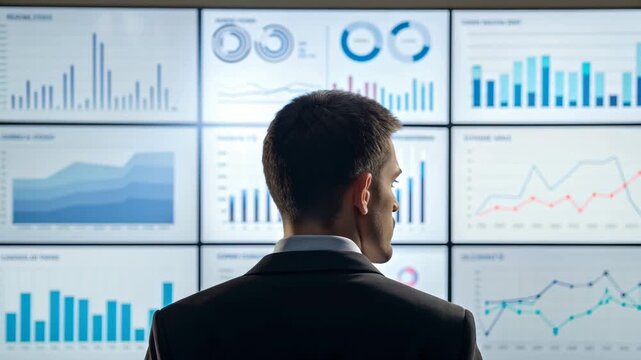 Business analyst observing multiple data dashboards wall monitors displaying charts and graphs with focused expression viewing multiple data