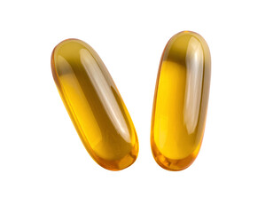 Two golden translucent capsules for dietary supplements isolated on transparent background.