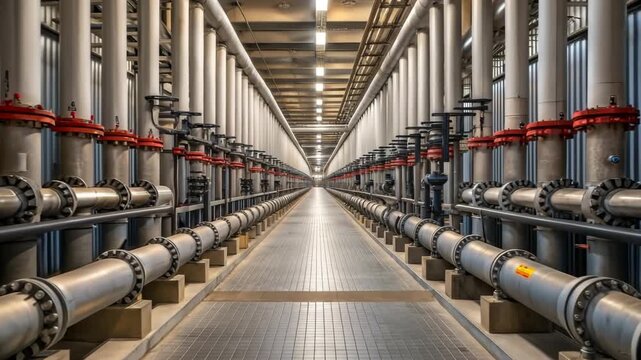 Industrial corridor with parallel stainless steel pipe rows and valve assemblies tiled walkway lit by overhead fluorescent lights creating strong