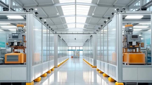 Futuristic sugar factory glass walls corridor bright skylight modern production hall with automated machines polished floor orange machinery robotic