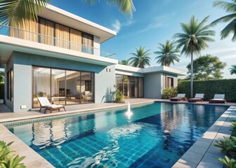 Fototapeta premium A luxurious villas private oasis boasts a sparkling turquoise pool surrounded by lush greenery and dramatic tropical island vistas