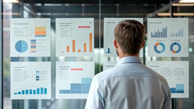 Man reviewing employee performance rear view business chart glass wall with bar graph, pie chart, analytics dashboard and focused analytical planning