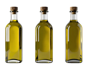 Three identical glass bottles containing pure golden oil organized in row with cork caps