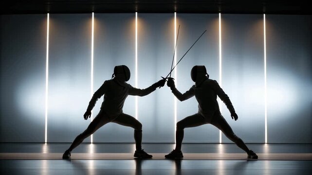 Silhouetted fencers sparring against abstract grad, fencing duel modern salle, silhouetted fencers sparring with crossed swords dramatic backlit