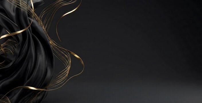 A sophisticated abstract background featuring luxurious black silk fabric elegantly draped with flowing golden ribbons and threads, perfect for upscale design.