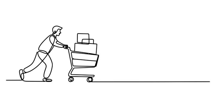 A continuous line drawing of a man pushing a shopping cart filled with boxes on a white background Vector, illustration