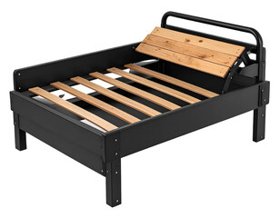 Simple black metal and wooden bed frame with slatted base isolated on transparent