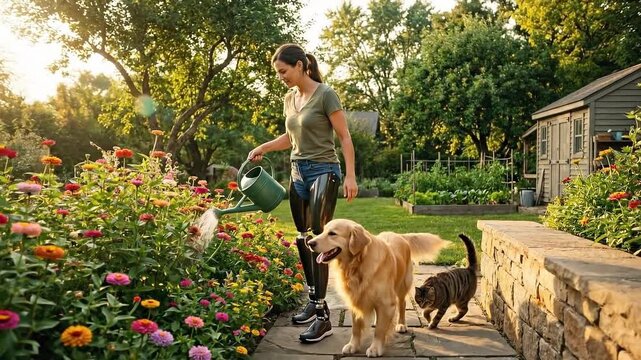 Woman with bionic legs gardening at home. Concept of inclusive technology, physical rehabilitation, and empowered lifestyle for people with disabilities.