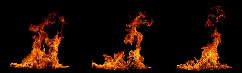Fototapeta premium Abstract flames collection isolated on black background. Different burning effects. Flames in the night sky.