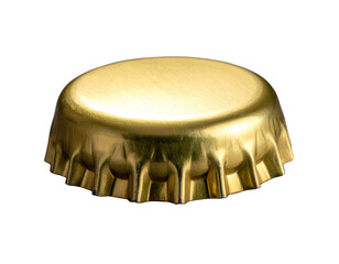 Shiny golden beer bottle cap isolated on transparent background with detailed texture