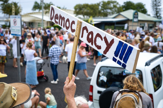 A person at an outdoor public rally holds a large wooden sign that reads "Democracy!!!" in bold brown & blue paint. Ideal for news editorial, civic engagement & political advocacy.