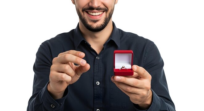 Man Proposing with Engagement Ring Box Isolated on White