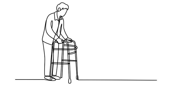 A simple line drawing illustration of an elderly person using a walker for mobility support.