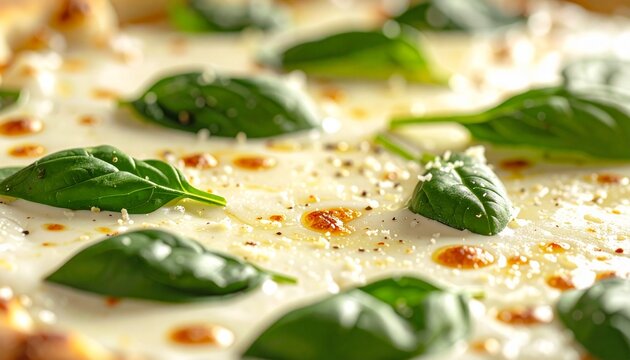 Close-up shot of a pizza topped with fresh basil leaves and mozzarella cheese, viewed from a shallow angle, capturing the texture and details of the ingredients