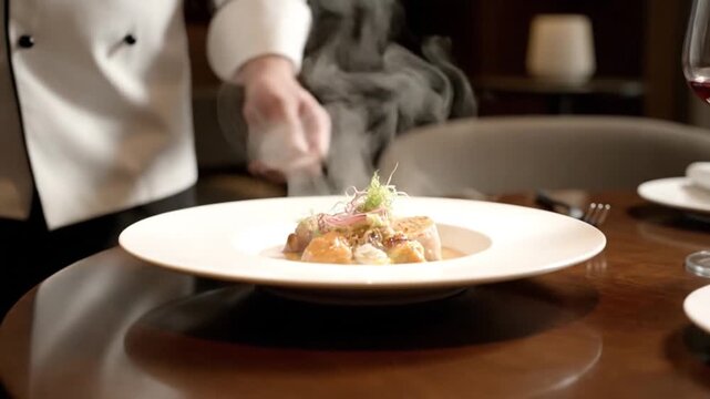 Professional chef meticulously presents a steaming gourmet appetizer dish to diners in a fine dining restaurant setting