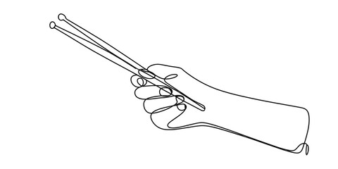 Continuous line drawing of a hand holding drumsticks, symbolizing music and rhythm Vector, illustration