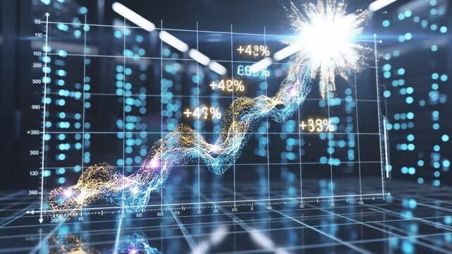 Dynamic data visualization showcasing exponential growth and financial success with glowing abstract graphs and percentages overlaid on a futuristic holographic display