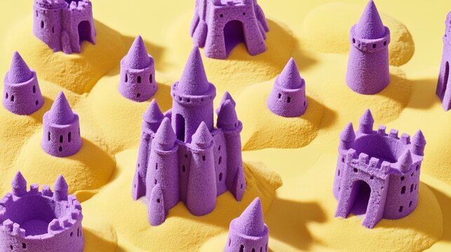 23061731 147 Aerial view of multiple miniature sand castles created from purple kinetic sand, detailed turrets and archways visible, arranged asymmetrically on bright lemon yellow background, flat