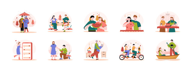Naklejka premium Set of 10 romantic illustrations packs. Flat vector concepts.