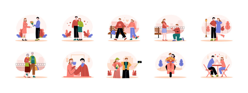 Set of 10 romantic illustrations packs. Flat vector concepts.