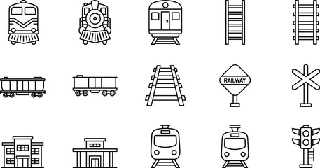 Black and white railway and train transport icons set illustration, locomotive tracks station signals wagons line art vector © Athier