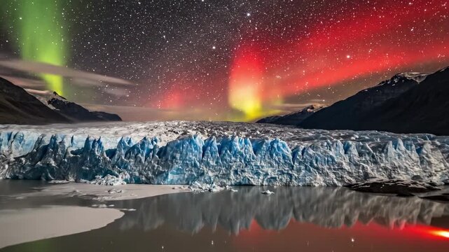 aurora red. A stunning glacier reflects vibrant auroras under a starry sky, creating a breathtaking interplay of colors above the calm water, framed by majestic mountain peaks
