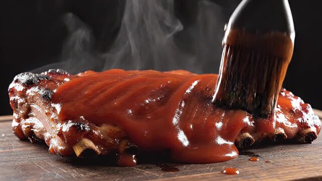 Juicy Barbecue Ribs Glazed With Sticky Sauce On Grill.