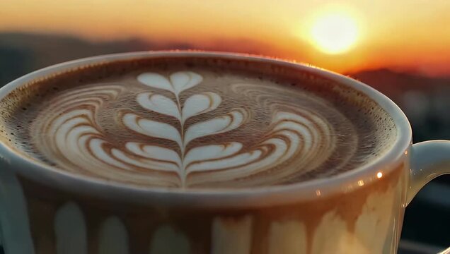 Latte Art Coffee Cup At Sunset Close Up.