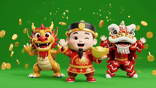 Chinese New Year Cartoon Celebration - This video showcases a 3D video cartoon illustration of a Chinese New Year celebration featuring a golden dragon, the God of Wealth holding a gold ingot, and a
