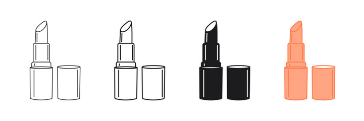 Set of minimalist lipstick icons with transparent background, depicting cosmetic products, beauty accessories, and personal care items, vector illustration