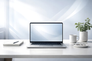Fototapeta premium Minimal Home Office Workspace with Laptop Mockup, Coffee Cup and Plant