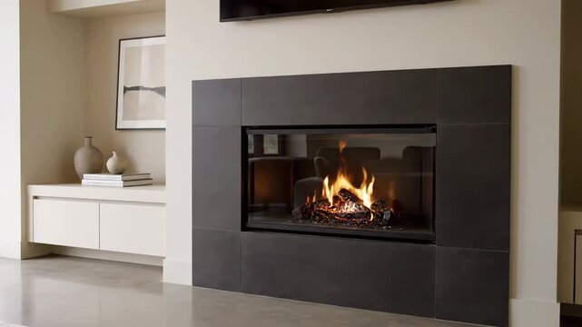Cozy ambiance in a luxury home. Modern gas fireplace with bright flames and black stone surround. Perfect for interior design, real estate, or relaxation concepts.