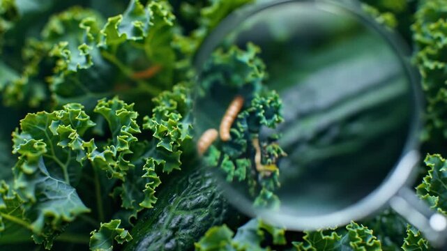 Food safety concept: magnifying glass revealing microscopic bacteria, germs and parasites on fresh green kale leaves, scientific visualization of contaminated food.