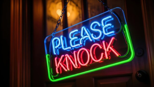 Vibrant neon sign displaying 'Please Knock' hangs on a wooden door with warm ambient lighting