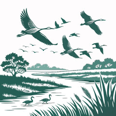 Fototapeta premium Green of flying and walking birds in wetland flying birds